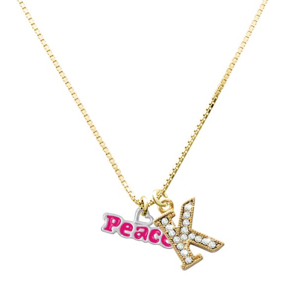 Delight Jewelry Silver-tone Hot Pink ''Peace'' with Heart - Large Goldtone Crystal Initial - K - Charm Necklace, 17.5"+2"