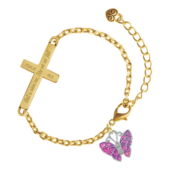 Delight Jewelry Silver-tone Hot Pink & Purple Butterfly - Gold Tone Psalm 46:5 She will not fall Engraved Cross Charm Bracelet, 6.5+1.5" Extender