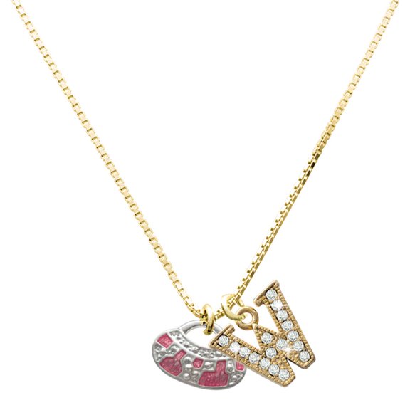Delight Jewelry Silver-tone Hot Pink Retro Purse - Large Goldtone Crystal Initial - W - Charm Necklace, 17.5"+2"
