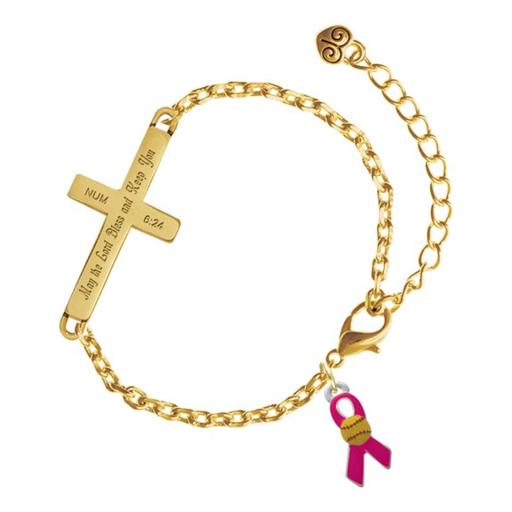 Delight Jewelry Silver-tone Hot Pink Ribbon with Softball - Gold Tone Numbers 6:24 May the Lord Bless You Engraved Cross Charm Bracelet, 6.5+1.5" Extender