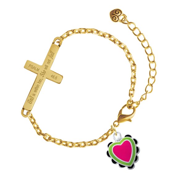 Delight Jewelry Silver-tone Hot Pink & Silver-tone Lime Green Heart with Black Ruffles - Gold Tone Psalm 46:5 She will not fall Engraved Cross Charm Bracelet, 6.5+1.5" Extender