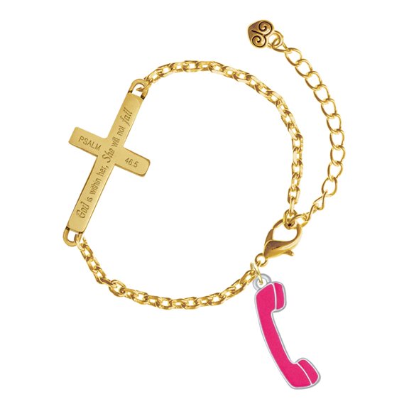 Delight Jewelry Silver-tone Hot Pink Telephone - Gold Tone Psalm 46:5 She will not fall Engraved Cross Charm Bracelet, 6.5+1.5" Extender