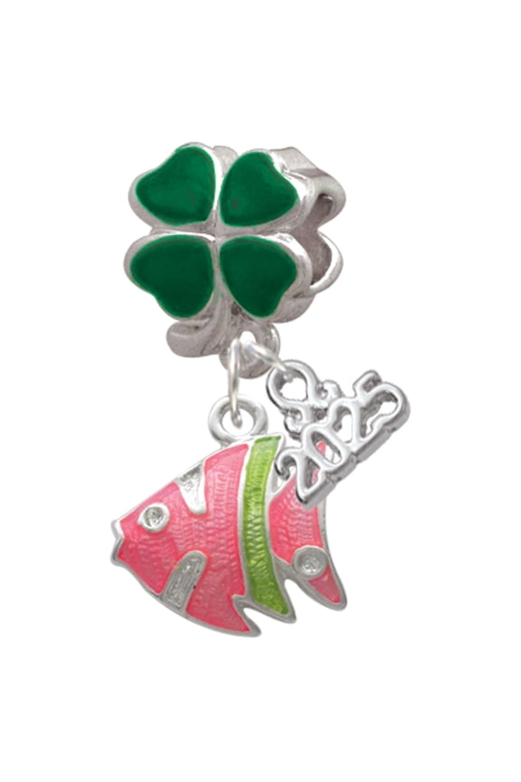 Silver-tone Hot Pink Tropical Fish with Lime Green Stripe - Good Luck Green Four Leaf Clover Charm Bead Dangle with Mini 2025
