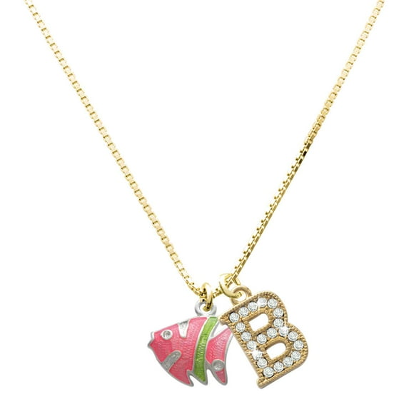 Delight Jewelry Silver-tone Hot Pink Tropical Fish with Lime Green Stripe - Large Goldtone Crystal Initial - B - Charm Necklace, 17.5"+2"