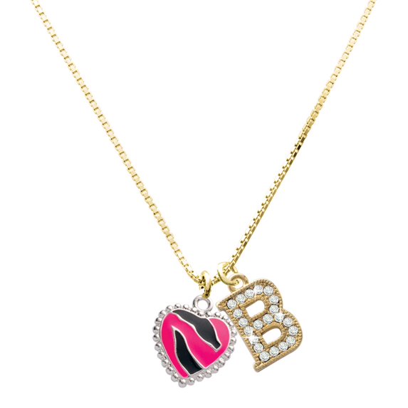 Delight Jewelry Silver-tone Hot Pink Zebra Print Heart - Large Goldtone Crystal Initial - B - Charm Necklace, 17.5"+2"
