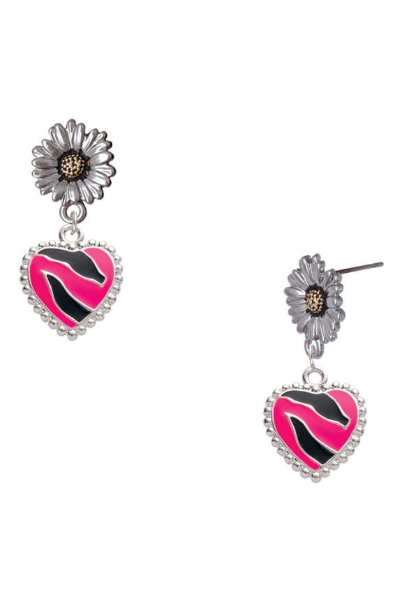 Silver-tone Hot Pink Zebra Print Heart - Two-tone Daisy Flower Post Earrings