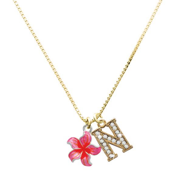 Delight Jewelry Silver-tone Hot Pink and Orange Plumeria Flower - Large Goldtone Crystal Initial - N - Charm Necklace, 17.5"+2"