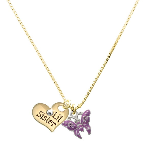 Delight Jewelry Silver-tone Hot Purple Butterfly with 2 Crystals - Large Goldtone Lil Sister Heart Charm Necklace, 17.5"+2" Extender