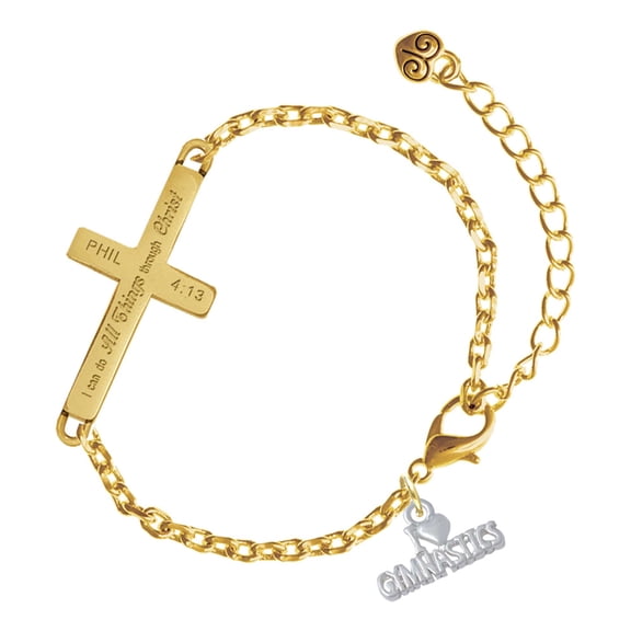 Delight Jewelry Silver-tone I 'Heart' Gymnastics - Gold Tone Philipians 4:13 I Do All Things Through Christ Engraved Cross Charm Bracelet, 6.5+1.5" Extender