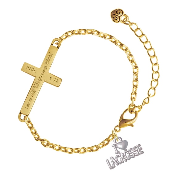 Delight Jewelry Silver-tone I 'Heart' Lacrosse - Gold Tone Philipians 4:13 I Do All Things Through Christ Engraved Cross Charm Bracelet, 6.5+1.5" Extender