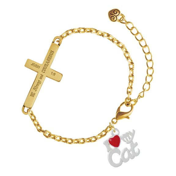 Delight Jewelry Silver-tone I Heart My Cat - Gold Tone Joshua 1:9 Strong and Courageous Engraved Cross Charm Bracelet, 6.5+1.5" Extender