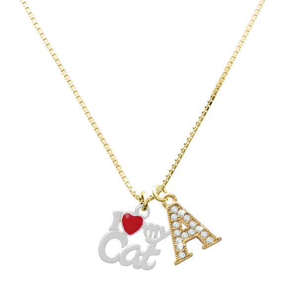 Delight Jewelry Silver-tone I Heart My Cat - Large Goldtone Crystal Initial - A - Charm Necklace, 17.5"+2"