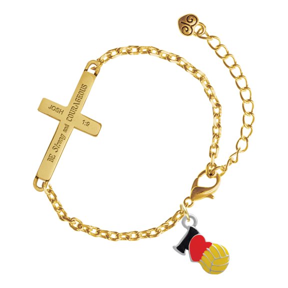 Delight Jewelry Silver-tone I Love Water polo - Red Heart - Gold Tone Joshua 1:9 Strong and Courageous Engraved Cross Charm Bracelet, 6.5+1.5" Extender