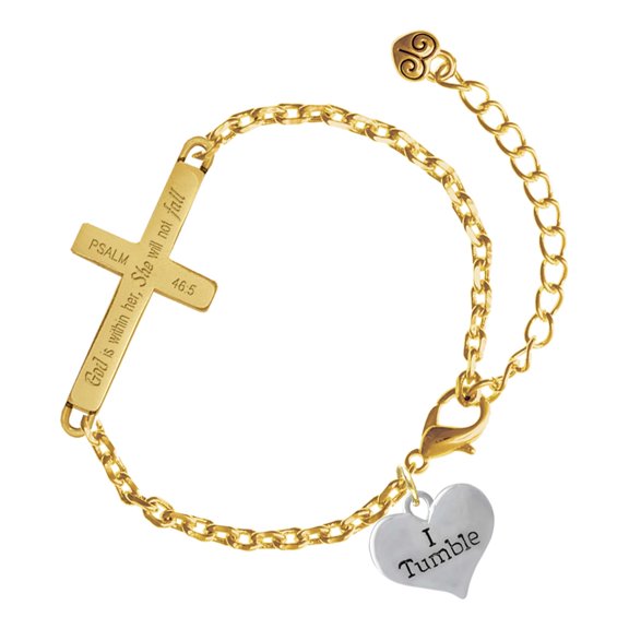 Delight Jewelry Silver-tone I Tumble Heart - Gold Tone Psalm 46:5 She will not fall Engraved Cross Charm Bracelet, 6.5+1.5" Extender