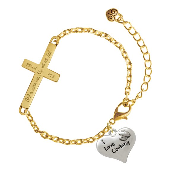 Delight Jewelry Silver-tone I love Cooking Heart with Chef Hat - Gold Tone Psalm 46:5 She will not fall Engraved Cross Charm Bracelet, 6.5+1.5" Extender
