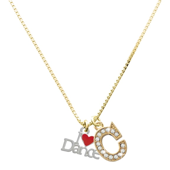 Delight Jewelry Silver-tone I love Dance with Red Heart - Large Goldtone Crystal Initial - C - Charm Necklace, 17.5"+2"
