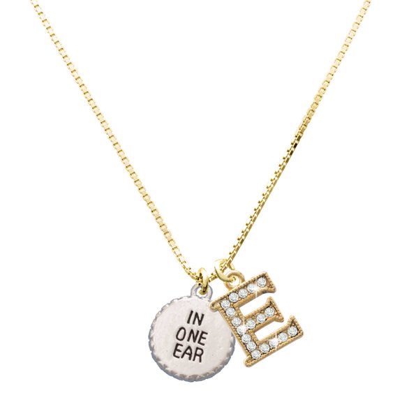 Delight Jewelry Silver-tone In One Ear ''Out the Other'' - Large Goldtone Crystal Initial - E - Charm Necklace, 17.5"+2"