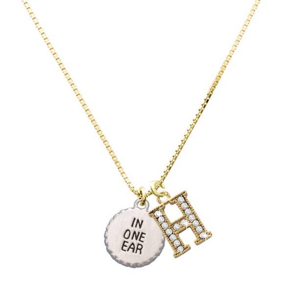 Delight Jewelry Silver-tone In One Ear ''Out the Other'' - Large Goldtone Crystal Initial - H - Charm Necklace, 17.5"+2"