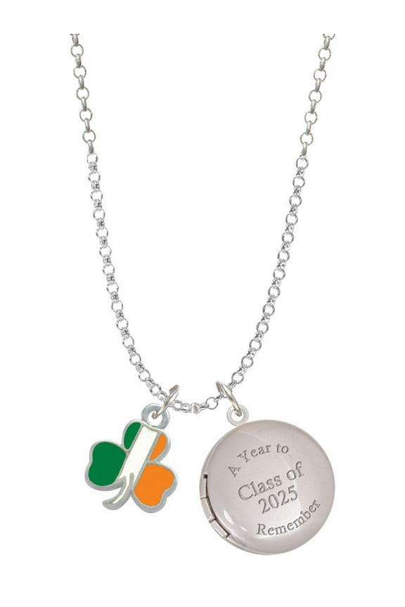 Silver-tone Irish Flag Shamrock - Class of 2025 Year to Remember Locket Charm Necklace, 19+2" Extender