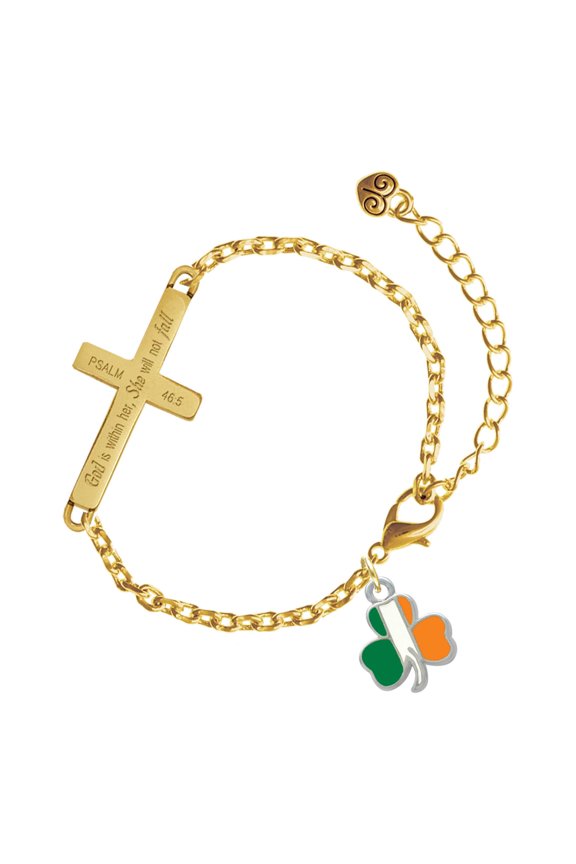 Silver-tone Irish Flag Shamrock - Gold Tone Psalm 46:5 She will not fall Engraved Cross Charm Bracelet, 6.5+1.5" Extender