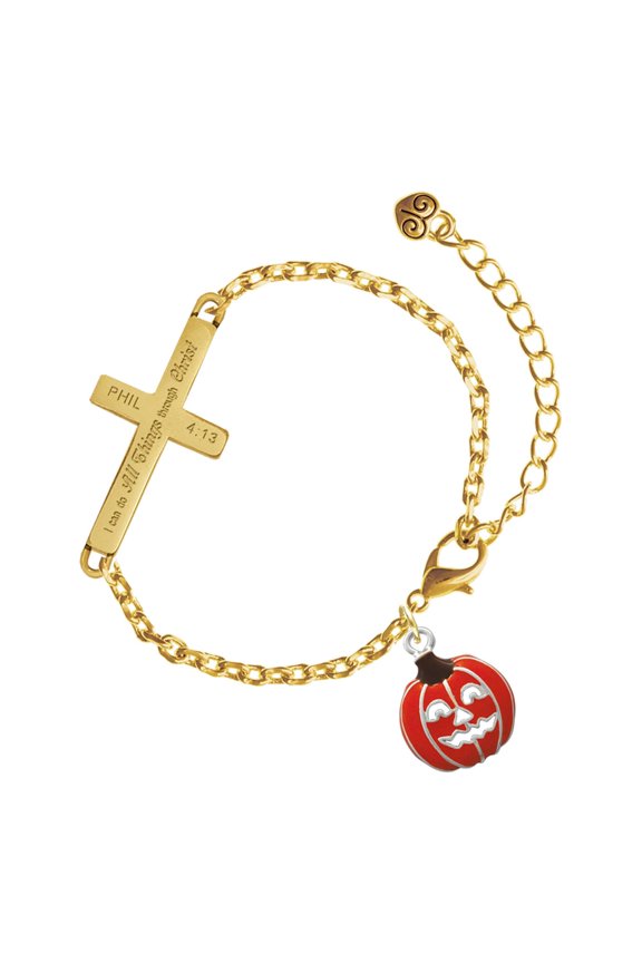 Silver-tone Jack O'Lantern with Cutout Eyes - Gold Tone Philipians 4:13 I Do All Things Through Christ Engraved Cross Charm Bracelet, 6.5+1.5" Extender