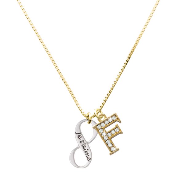 Delight Jewelry Silver-tone Je T'aime Infinity Sign Charm and Goldtone Crystal Initial F Charm Necklace, 17.5"+2"