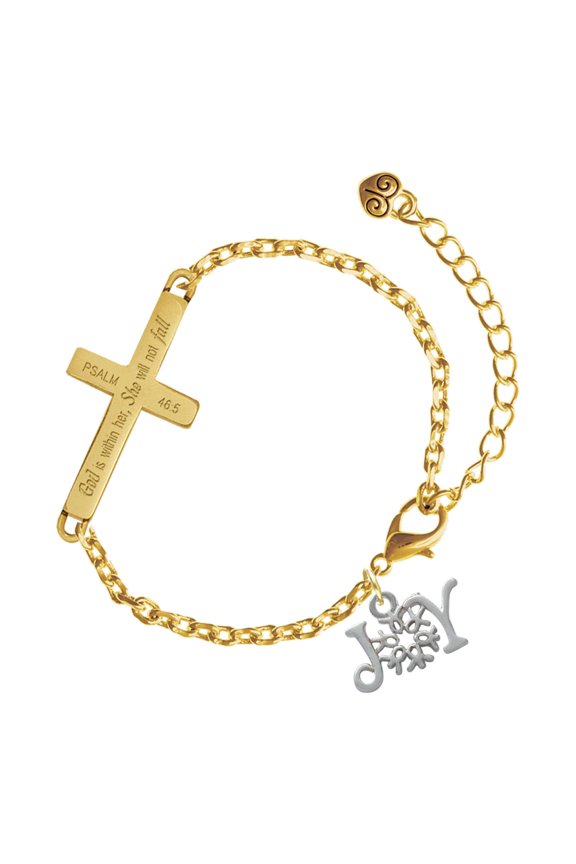 Silver-tone Joy with Snowflake - Gold Tone Psalm 46:5 She will not fall Engraved Cross Charm Bracelet, 6.5+1.5" Extender