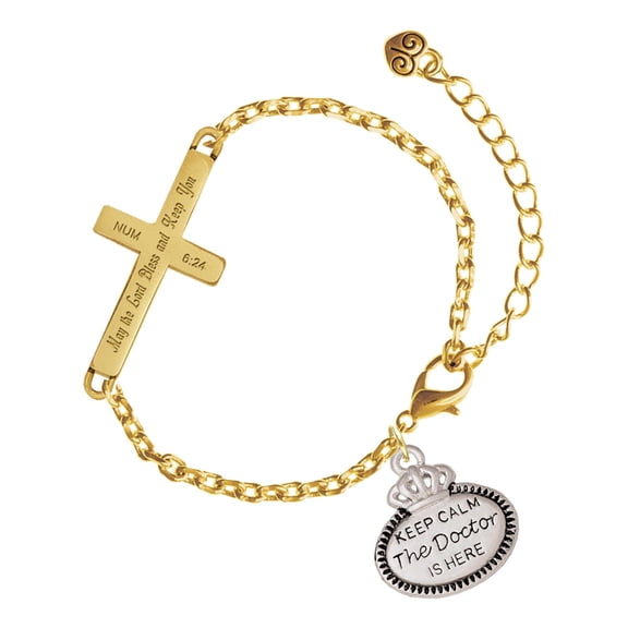 Delight Jewelry Silver-tone Keep Calm The Doctor is Here - Gold Tone Numbers 6:24 May the Lord Bless You Engraved Cross Charm Bracelet, 6.5+1.5" Extender
