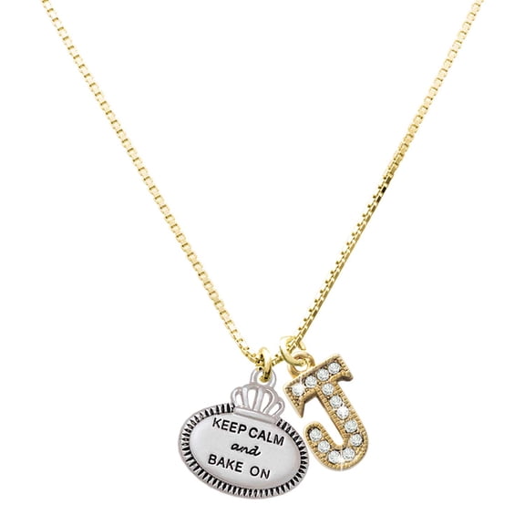 Delight Jewelry Silver-tone Keep Calm and Bake On - Large Goldtone Crystal Initial - J - Charm Necklace, 17.5"+2"