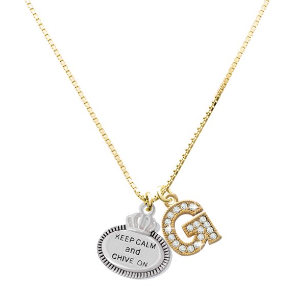 Delight Jewelry Silver-tone Keep Calm and Chive On and a Large Goldtone Crystal Initial G Charm Necklace, 17.5"+2"