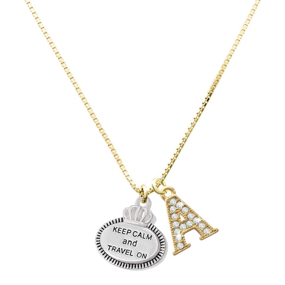 Delight Jewelry Silver-tone Keep Calm and Travel On - Large Goldtone Crystal Initial - A - Charm Necklace, 17.5"+2"
