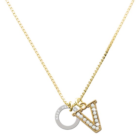 Delight Jewelry Silver-tone Keep Her Safe Infinity Ring - Large Goldtone Crystal Initial - V - Charm Necklace, 17.5"+2"