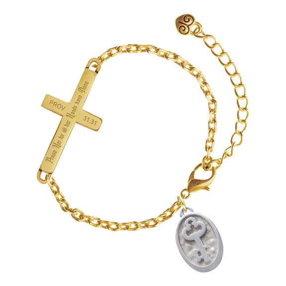 Delight Jewelry Silver-tone Key - Oval Seal - Gold Tone Proverbs 31:31 Praise Her for all Her Hands have Done Engraved Cross Charm Bracelet, 6.5+1.5" Extender