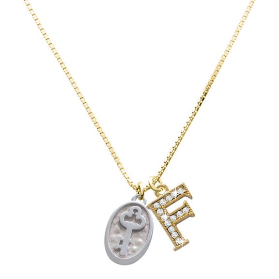Delight Jewelry Silver-tone Key Oval Seal Charm and Goldtone Crystal Initial F Charm Necklace, 17.5"+2"