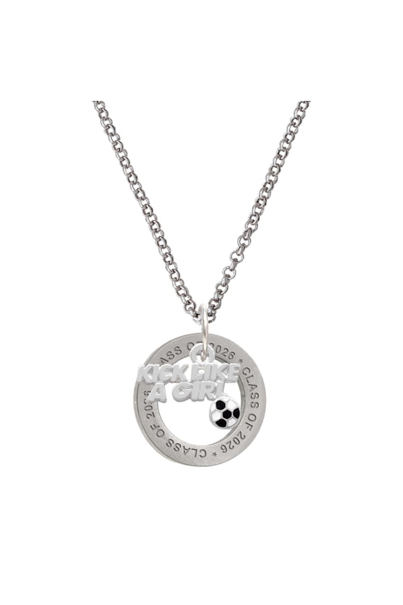 Silver-tone Kick Like a Girl with Enamel Soccer Ball - Class of 2026 Affirmation Ring Necklace, 23"