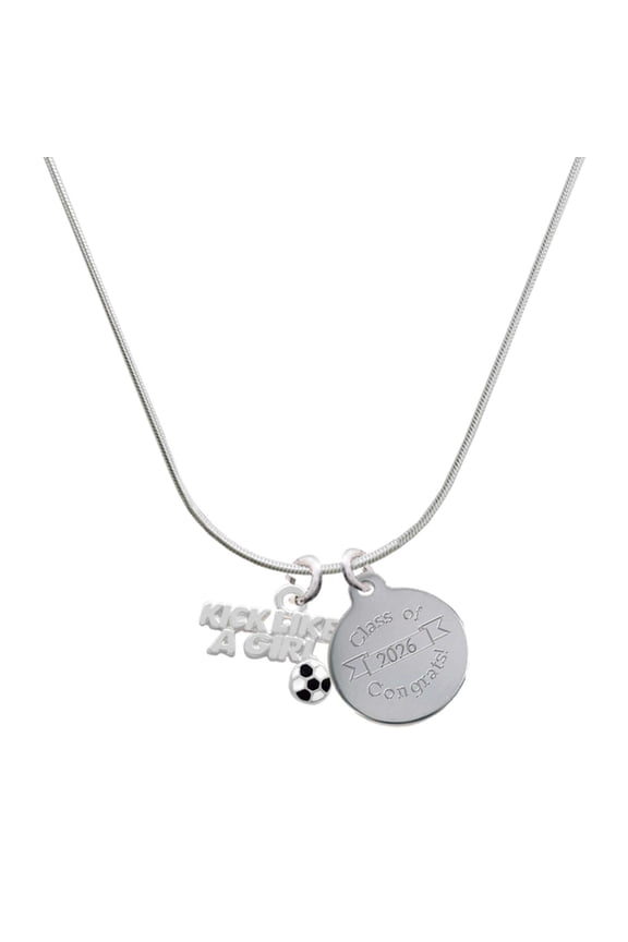 Silver-tone Kick Like a Girl with Enamel Soccer Ball - Engraved Congrats Class of 2026 Charm Necklace, 18"