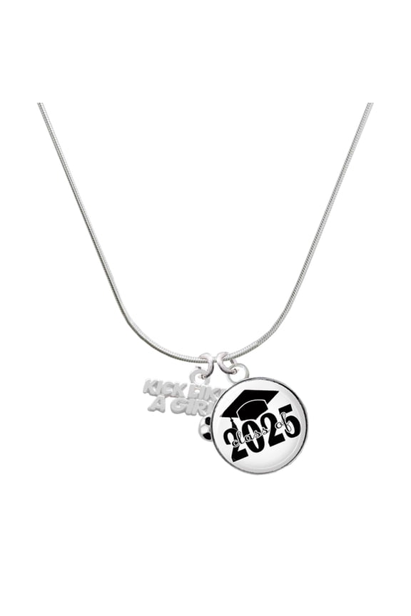 Silver-tone Kick Like a Girl with Enamel Soccer Ball - Script Class of 2025 Dome Charm Necklace, 18"