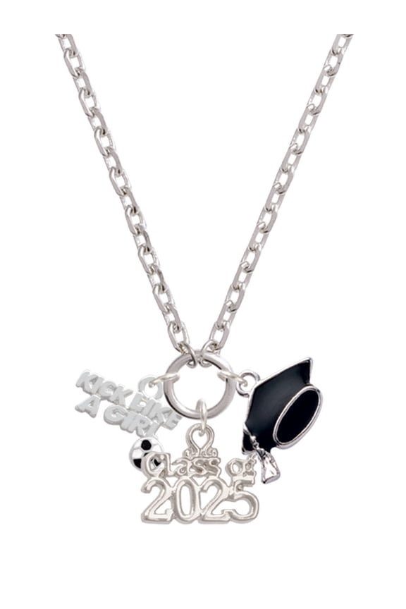 Silver-tone Kick Like a Girl with Enamel Soccer Ball - Silver-tone Class of 2025 Graduation Zoey Necklace, 28"