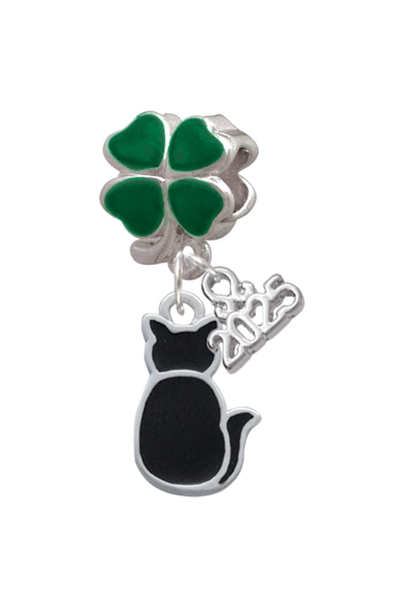 Silver-tone Large 2-D Black Cat Back - Good Luck Green Four Leaf Clover Charm Bead Dangle with Mini 2025