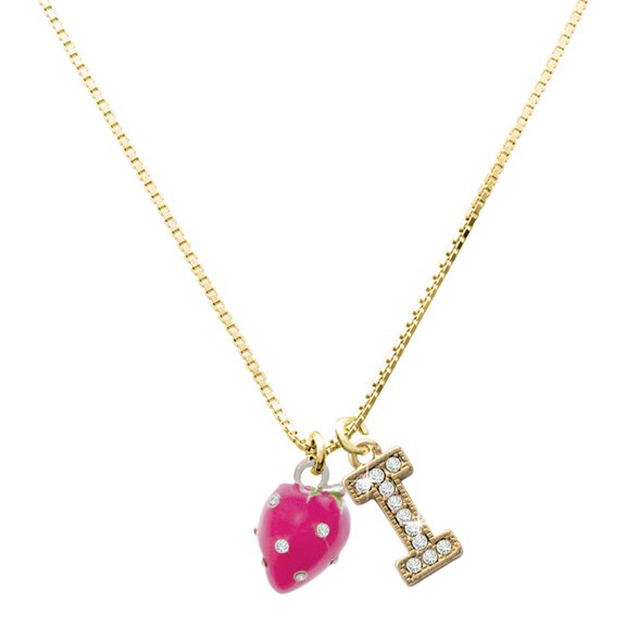 Delight Jewelry Silver-tone Large 3-D Hot Pink Strawberry with Crystals Charm and Goldtone Crystal Initial I Charm Necklace, 17.5"+2"