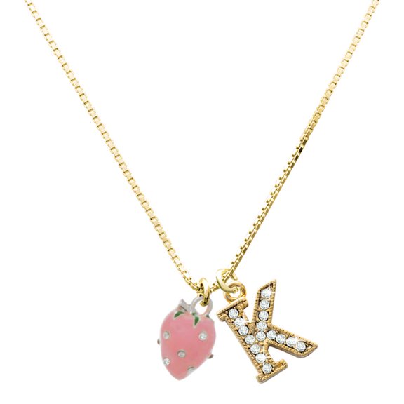 Delight Jewelry Silver-tone Large 3-D Pink Strawberry with Crystals - Large Goldtone Crystal Initial - K - Charm Necklace, 17.5"+2"