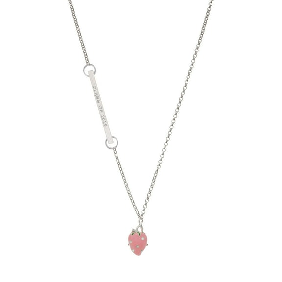 Delight Jewelry Silver-tone Large 3-D Pink Strawberry with Crystals - Silvertone Class of 2026 Delicate Bar Necklace, 18.75"