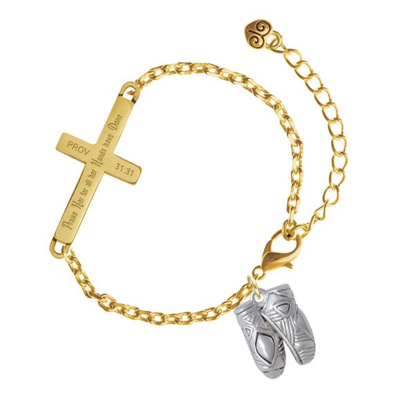 Delight Jewelry Silver-tone Large Ballet Slippers - Gold Tone Proverbs 31:31 Praise Her for all Her Hands have Done Engraved Cross Charm Bracelet, 6.5+1.5" Extender
