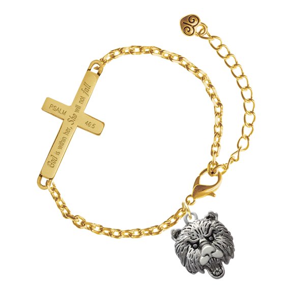 Delight Jewelry Silver-tone Large Bear - Mascot - Gold Tone Psalm 46:5 She will not fall Engraved Cross Charm Bracelet, 6.5+1.5" Extender