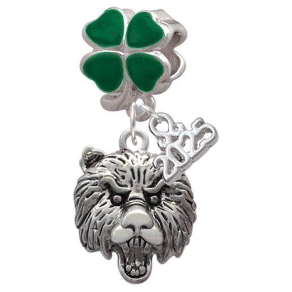 Delight Jewelry Silver-tone Large Bear - Mascot - Good Luck Green Four Leaf Clover Charm Bead Dangle with Mini 2025