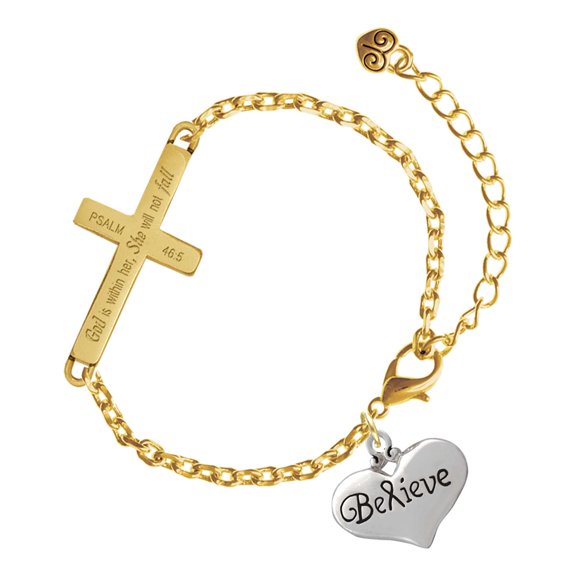 Delight Jewelry Silver-tone Large Believe with Ribbon Heart - Gold Tone Psalm 46:5 She will not fall Engraved Cross Charm Bracelet, 6.5+1.5" Extender