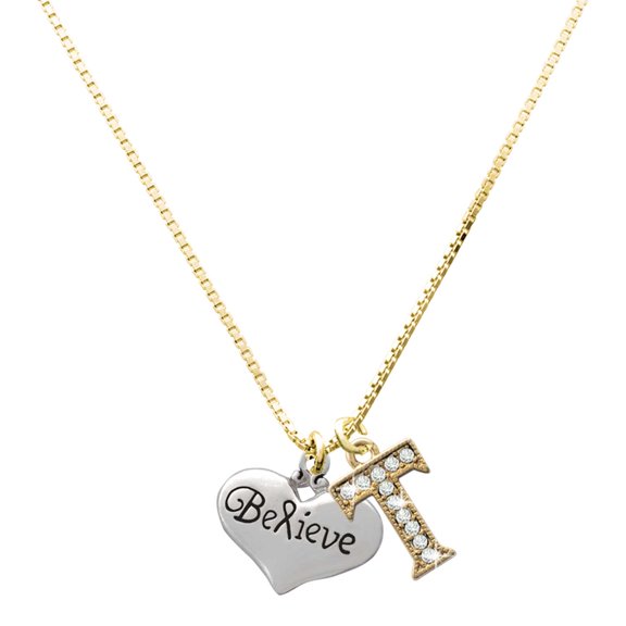 Delight Jewelry Silver-tone Large Believe with Ribbon Heart - Large Goldtone Crystal Initial - T - Charm Necklace, 17.5"+2"