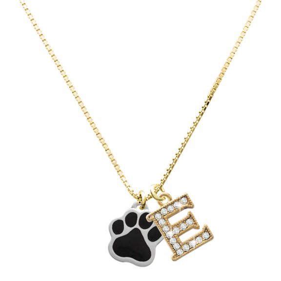 Delight Jewelry Silver-tone Large Black Paw - Large Goldtone Crystal Initial - E - Charm Necklace, 17.5"+2"