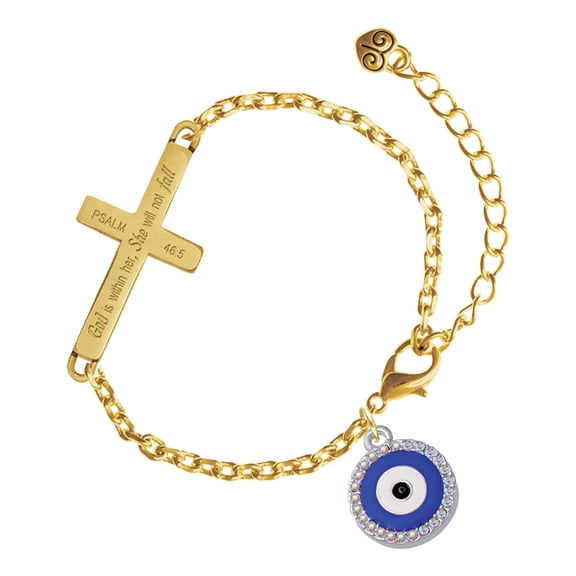 Delight Jewelry Silver-tone Large Blue Evil Eye with AB Crystal Border - Gold Tone Psalm 46:5 She will not fall Engraved Cross Charm Bracelet, 6.5+1.5" Extender