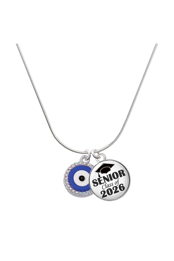 Silver-tone Large Blue Evil Eye with AB Crystal Border - Silvertone Senior Class of 2026 Dome Necklace, 18"